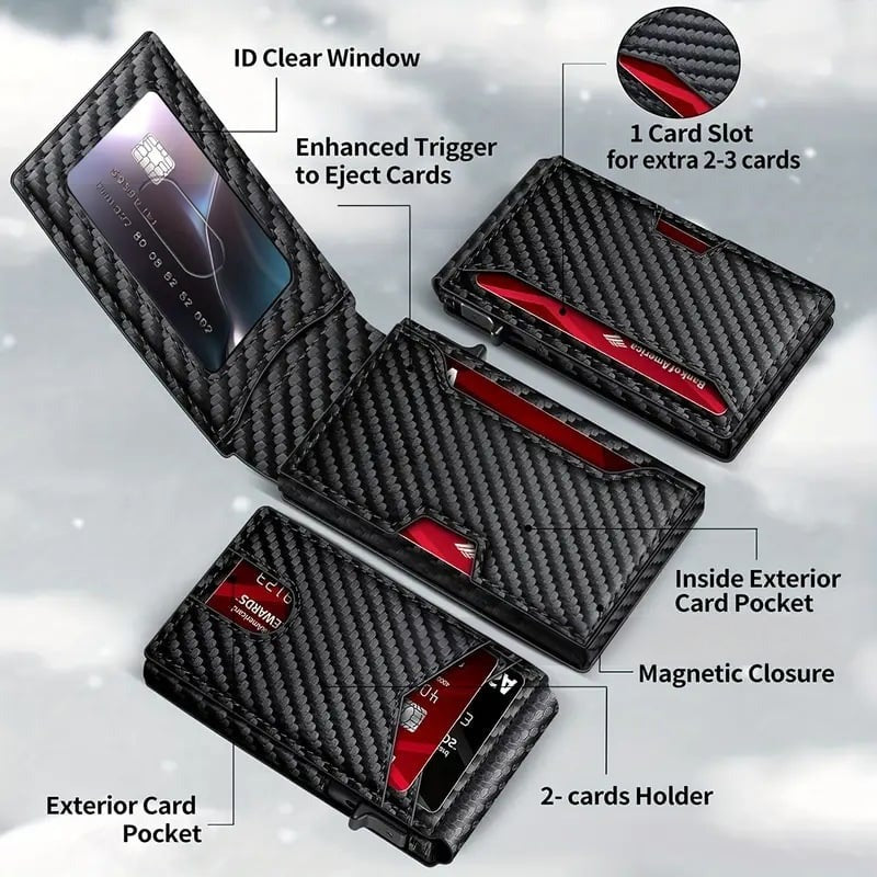 ✨Wallet - With Pop Up Aluminum Case Money Clip Slim Leather Slots Credit Card Holder RFID Blocking Bifold Minimalist Wallet
